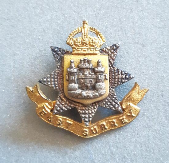 EAST SURREY Regiment GILT & STG. SILVER Officer’s Hat Badge