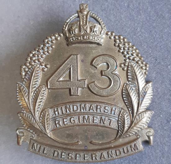 AUSTRALIAN 43rd Infantry Battalion (The Hindmarsh Regt.) Brass Hat Badge