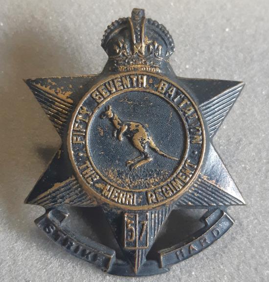 AUSTRALIAN 57th Infantry Battalion (The Merri Regt.) Oxidised Brass Hat Badge