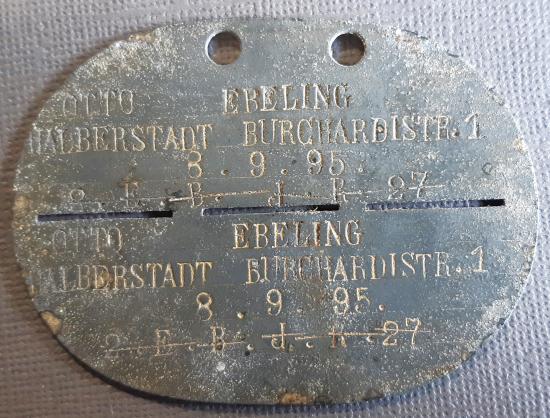 GERMAN WW1 Dog Tag. OTTO EBELLING – 2 E.B.J.K 27