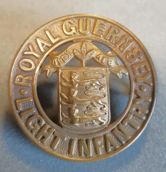 BRITISH Royal Guernesy Light Infantry Brass Helmet Plate Centre