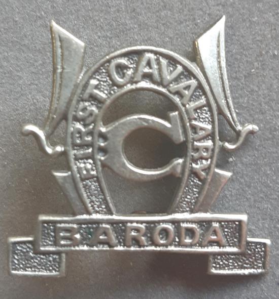 INDIAN ARMY – 1st BARODA CAVALRY Cast White Metal Hat Badge