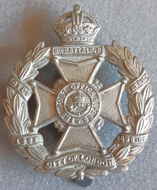 BRITISH - London Regiment (8th City of London Battalion- Post Office Rifles) White Metal badge (KK1827)